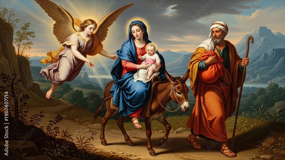 Fototapeta premium Holy Family's arduous flight, Virgin Mary with infant Jesus, Saint Joseph's guiding presence, divine angel protecting their exodus to Egypt through an ancient desert landscape
