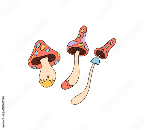 Groovy y2k cartoon mushroom drawing in psychedelic style sticker. Magic colorful shroom and retro groovy element blend as playful sticker, vibrant art and fun sticker patch for trendy designs.