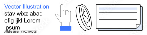 Digital resources, e-commerce, financial transactions, payment systems, online business, interface guides. A hand pointing, a coin shape and a document icon. Financial transactions and digital
