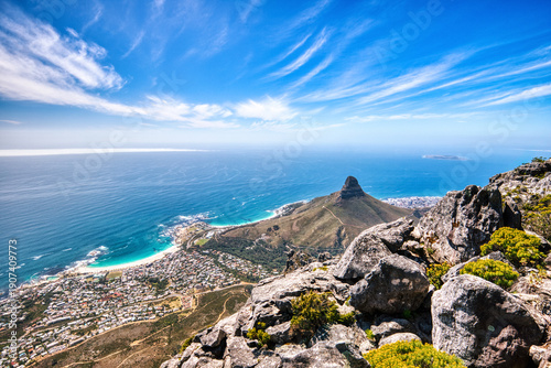 Cape Town Sunny Day Aerial View from Table Mountain over Camps Bay and Lion's Head