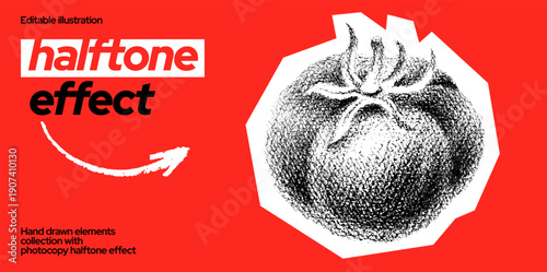 Tomato food collage with pointillism style. Black and white halftone art. Comic red pattern, abstract irregular pop art. Organic tomato sticker, red background. Retro halftone vector. Y2K collage food