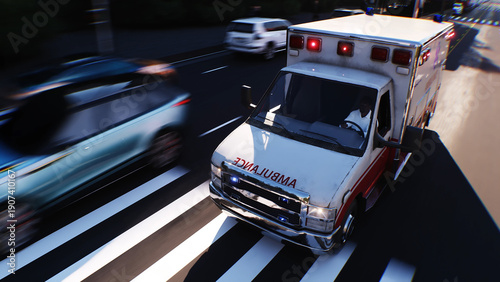 An ambulance driving fast on a city street. 3d rendering.