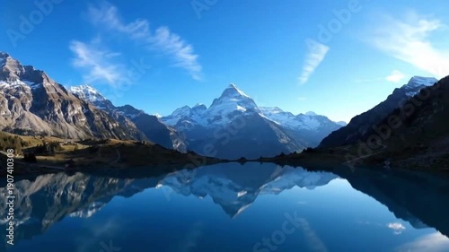 Breathtaking Alpine Lake Reflection of Snow-Capped Mountain Peaks at Dawn