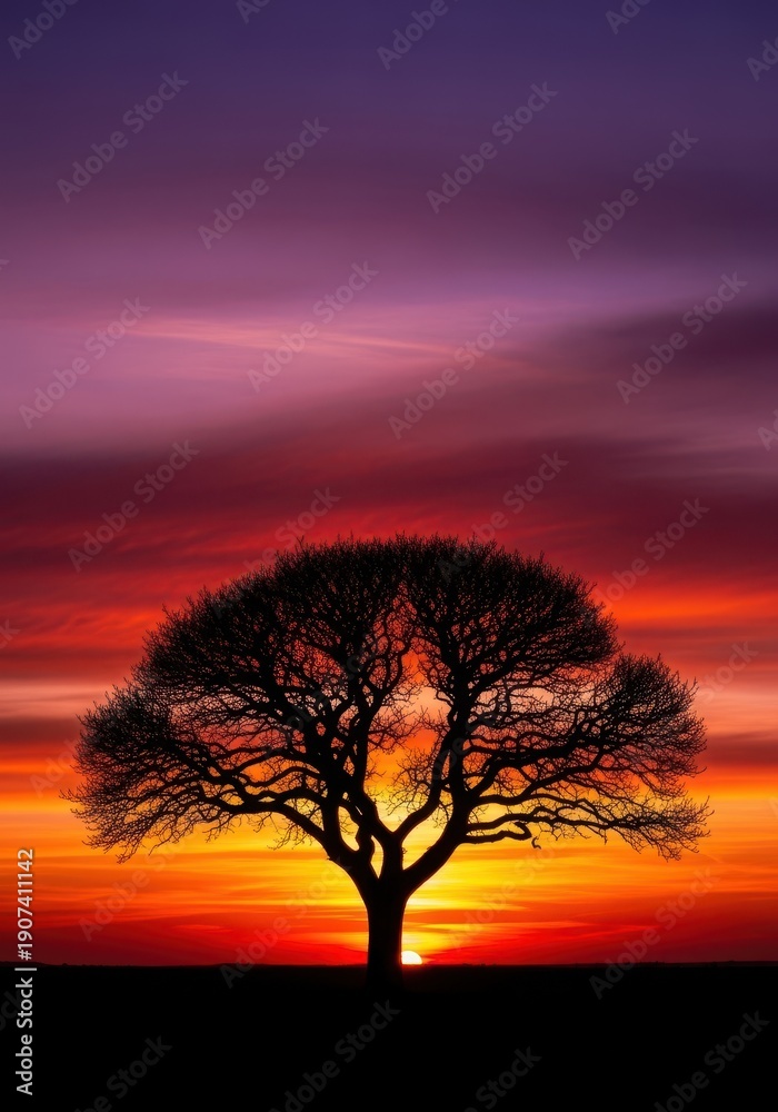 Obraz premium A dramatic, isolated tree silhouetted clearly against a vibrant, colorful setting sun sky, emphasizing sharp contrast and detailed shape, picturesque, scenic, shadow