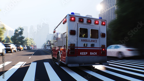 An ambulance driving fast on a city street. 3d rendering.