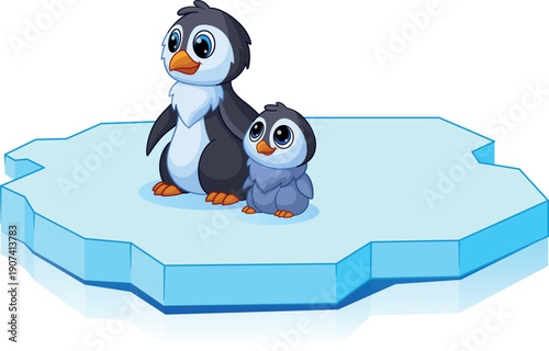 Penguins on ice floe. Cartoon polar animal character