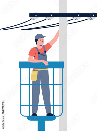 Electric pole maintenance. Repairman wiring power cable