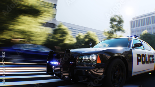 An police driving fast on a city street. 3d rendering.