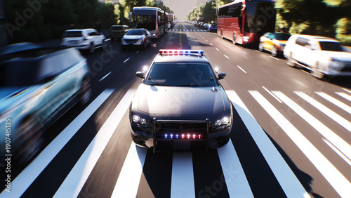 An police driving fast on a city street. 3d rendering.