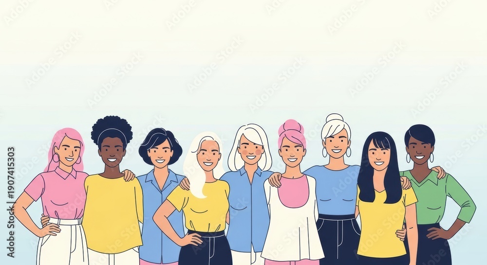 Obraz premium women standing shoulder-to-shoulder, smiling, pastel tones, minimalistic composition, modern style, empowering theme