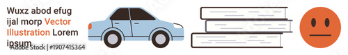 Transportation, education, emotions, road safety, academic resources, emotional empathy. Blue car, three stacked books and an orange neutral face emotion. Transportation and education concept