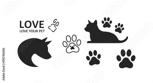 Black silhouettes of cat and dog with paw prints and love text on white