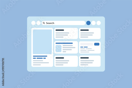 Modern Web Dashboard UI Template with Search Bar and Content Cards Vector