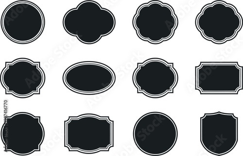 Collection of twelve black vintage style decorative label shapes including circles ovals rectangles and ornate framed badges perfect for design elements