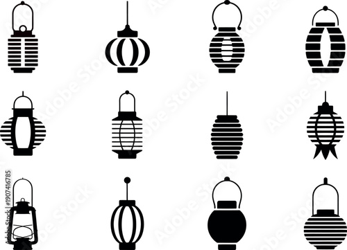 Collection of twelve black silhouette icons representing various traditional and modern hanging lanterns suitable for cultural celebration designs