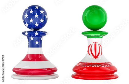 US and Iran chess pawns, geopolitical confrontation concept. 3D rendering