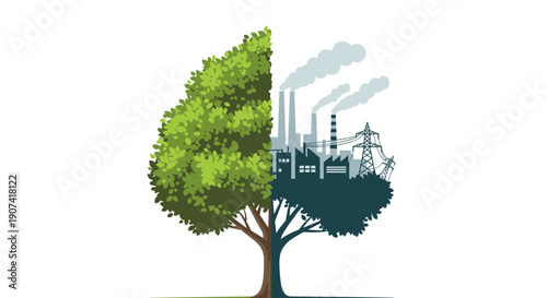 Environmental impact depiction showing a tree transitioning from lush greenery to industrial pollution