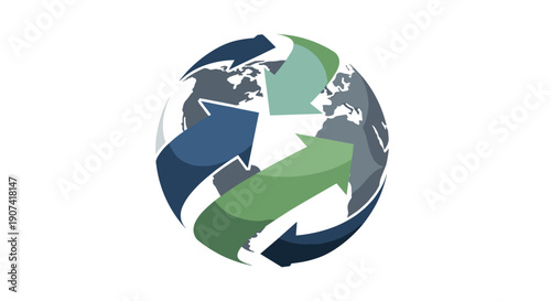 Stylized globe illustration featuring abstract arrows and continents in blue green and gray