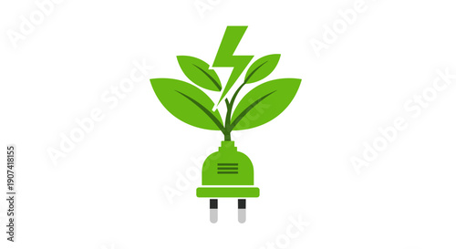 Creative illustration of a power plug transforming into a vibrant green plant symbolizing ecofriendly energy