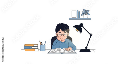 Child Studying at Desk with Reading Lamp Minimal Vector