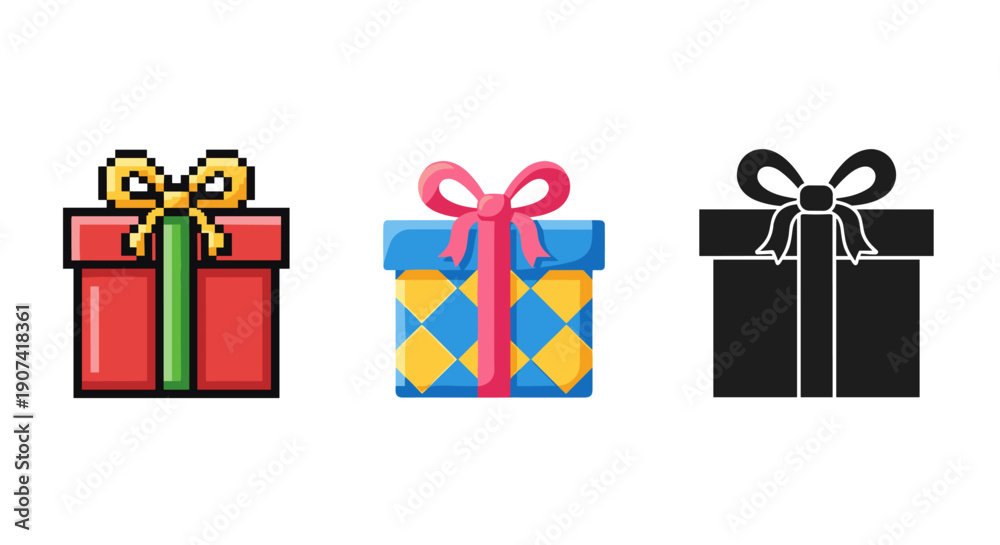 Fototapeta premium Three colorful gift boxes with ribbons and bows, arranged in a row on a plain background
