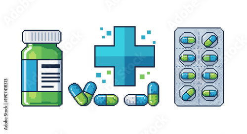 Illustration of medication bottle, blue cross symbol, and pill blister pack for healthcare