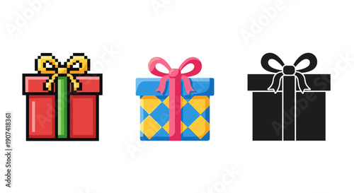 Three colorful gift boxes with ribbons and bows, arranged in a row on a plain background