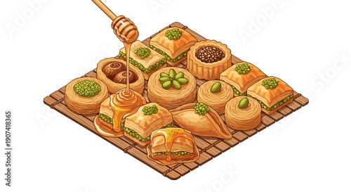Delicious assortment of honey and honeycomb pieces arranged on a wooden board with a honey dipper