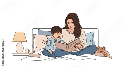 Mother Reading Bedtime Story to Child on Bed Minimal Vector Illustration