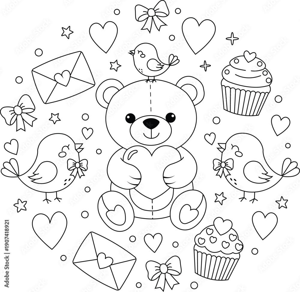 Obraz premium A cute teddy bear surrounded by hearts stars and cupcakes