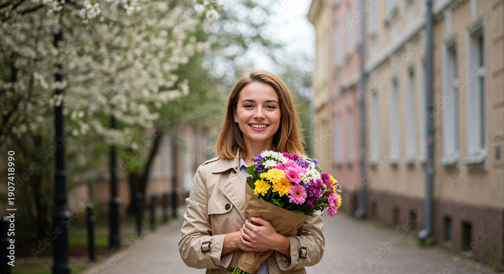 Fototapeta premium Smiling young woman in spring city holding bouquet, International Women’s Day celebration, March 8 lifestyle portrait, urban femininity, happiness and freedom concept