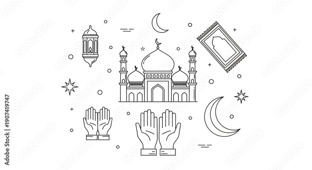 Fototapeta premium Islamic mosque illustration with prayer hands and crescent moon symbols