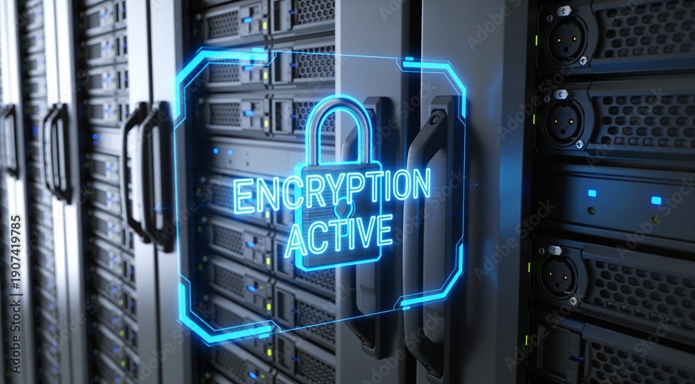 Fototapeta premium Futuristic Data Center Server Rack with Glowing Blue Holographic Padlock and Encryption Active Status Label for Cybersecurity.