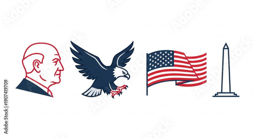 American symbols illustration set with eagle flag monument and president