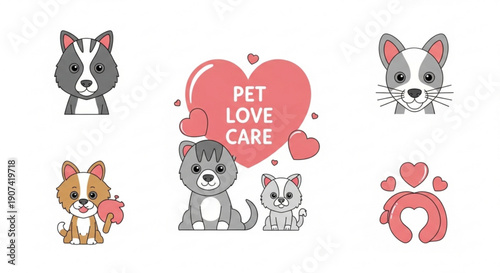 Cute pet love care cartoon animals and symbols
