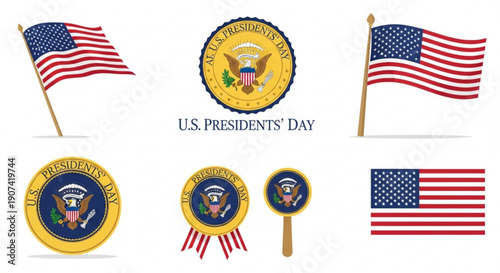 Us presidents' day icons with american flags and seals