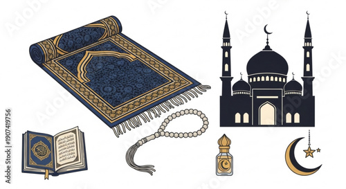 Islamic prayer mat with mosque quran rosary and ramadan symbols