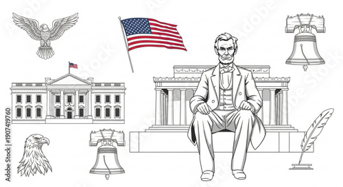 Abraham lincoln sits in front of white house with american symbols