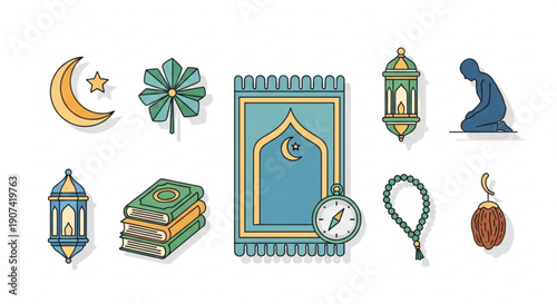 Ramadan kareem islamic symbols and icons set