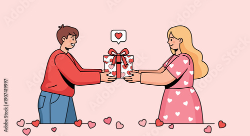 Man and Woman Exchanging Gift with Love.