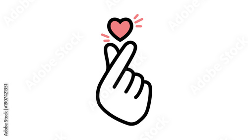 A line art illustration of a hand performing the "finger heart" gesture with a small pink heart floating above.