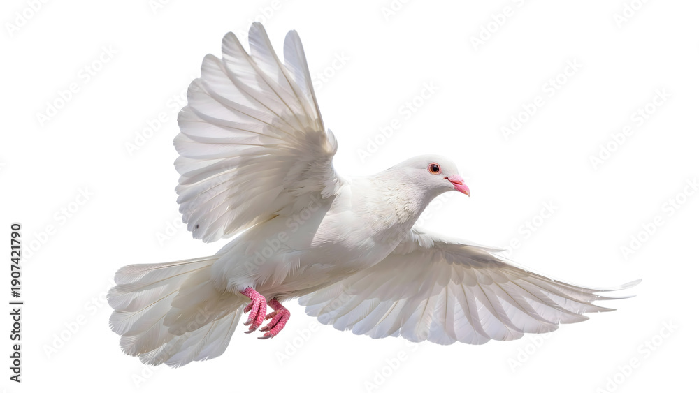 Obraz premium White dove flying with wings fully spread, pink beak and feet visible, isolated on transparent background