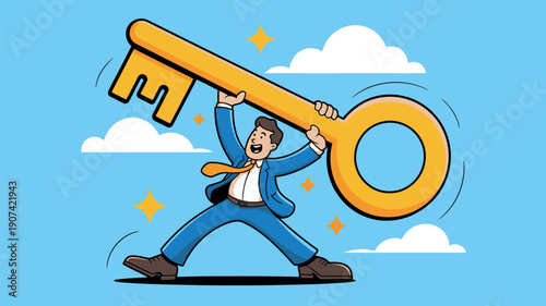A cartoon businessman in a blue suit holds up a large golden key with excitement and clouds in the background.