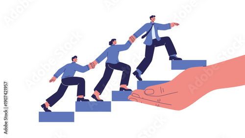 A group of businessmen climbing a staircase with the help of a giant hand