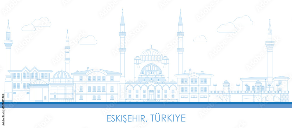 Obraz premium Outline Skyline panorama of city of Eskisehir, Turkiye (Turkey) - vector illustration