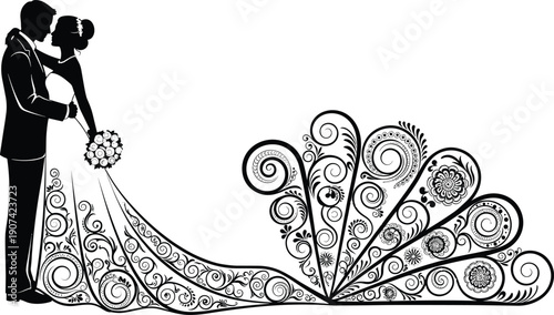 Wedding couple silhouettes embracing with ornate gown, romantic bride groom artwork, elegant ceremony theme, decorative floral design concept, love celebration symbol, flat vector illustration