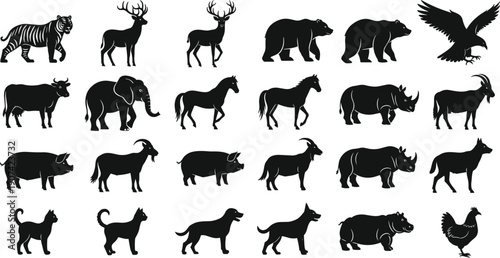 Animal silhouettes collection, wild and domestic species tiger deer bear eagle cow elephant horse rhinoceros goat pig dog cat chicken -flat vector illustration
