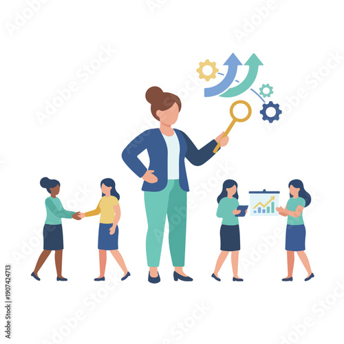 A diverse team of women engages in collaboration, strategy, and presentation, guided by a central leader overseeing business processes and growth.