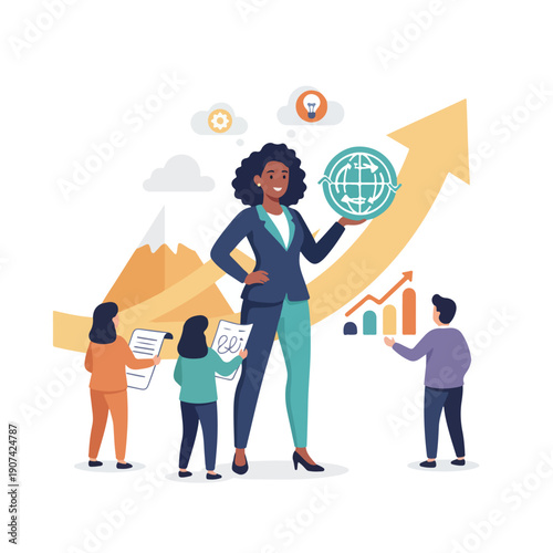 A diverse business team, led by a confident woman holding a globe, collaborates amidst a backdrop of upward growth, ideas, and data visualization.
