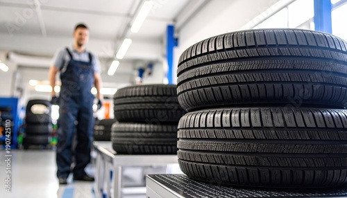 Stacked car tires waiting for service in a modern auto repair shop with a mechanic in the blurred background.